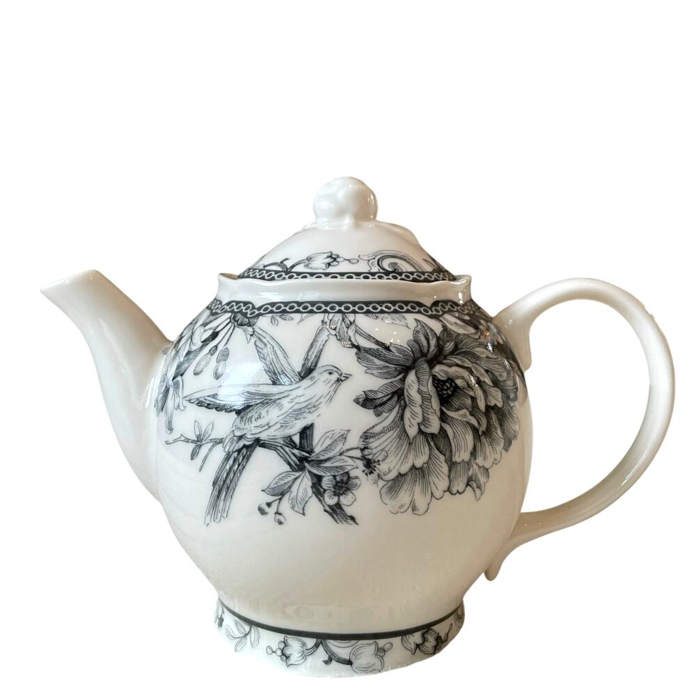 222 Fifth Adelaide Grey & White Porcelain Teapot w/Lid Bird Floral Toile New